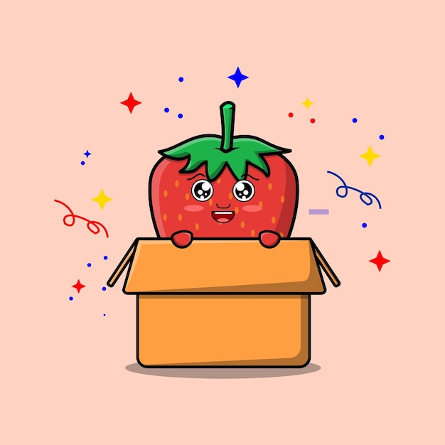 Cute cartoon strawberry character coming out from box in style cartoon vector icon