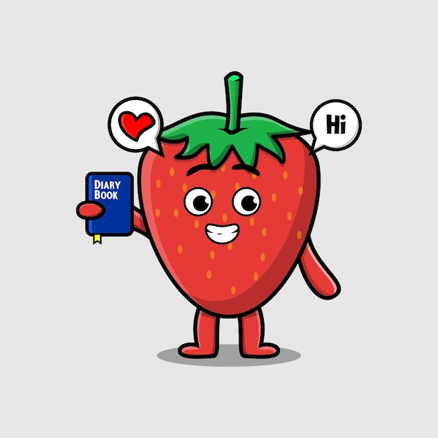 Cute cartoon strawberry character holding diary book with happy expression in flat cartoon style