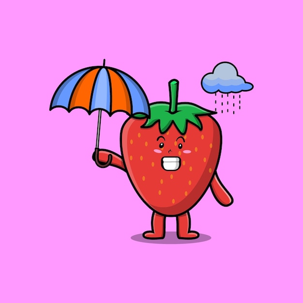 Cute cartoon strawberry character in the rain and using an umbrella in flat modern style design