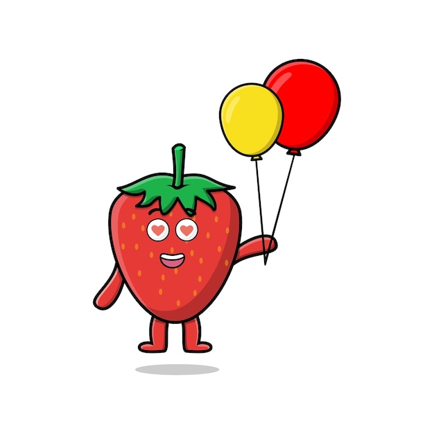 Cute cartoon strawberry floating with balloon cartoon vector illustration in flat cartoon style