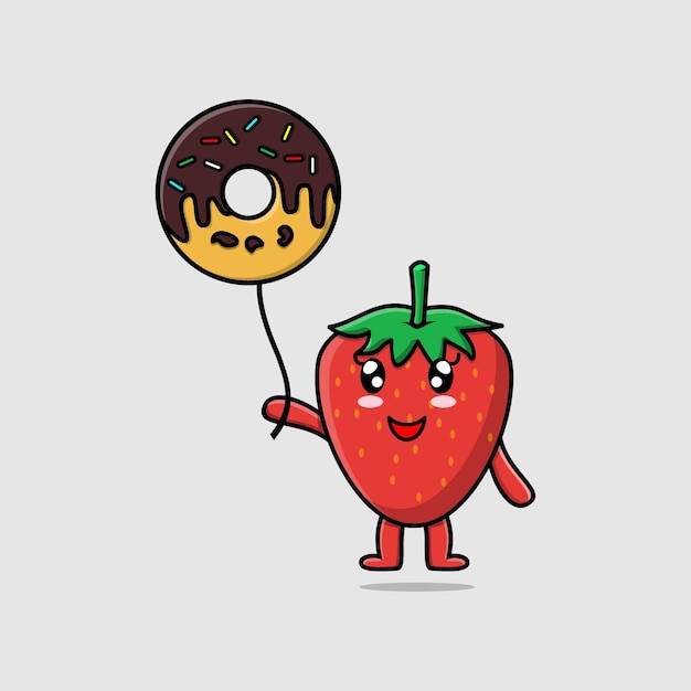 Cute cartoon strawberry floating with donuts balloon cartoon vector illustration