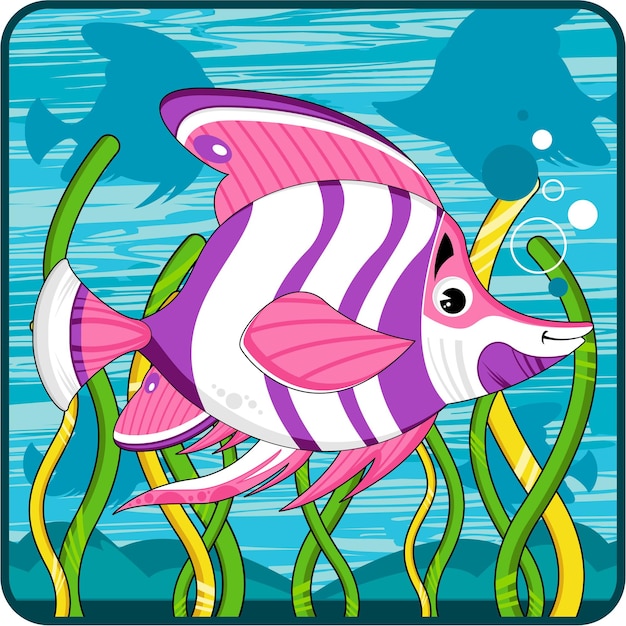 Cute Cartoon Striped Fish Swimming Underwater with Coral