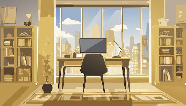 Vector cute cartoon study room workplace corporate office interior design background illustration design