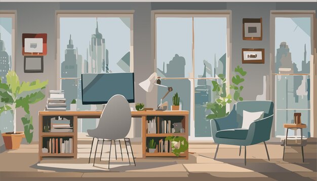 Vector cute cartoon study room workplace corporate office interior design background illustration design