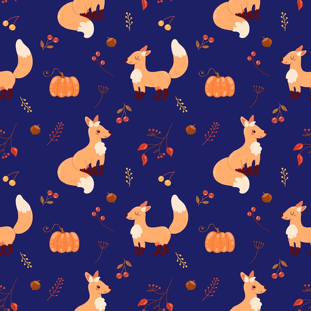 Cute cartoon style fox seamless pattern with autumn leaves nuts and berries