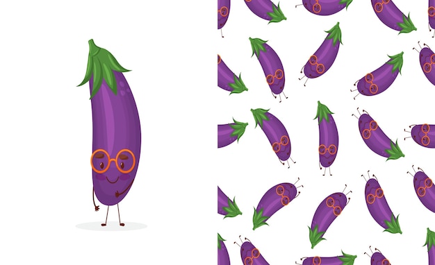 Cute cartoon style happy eggplant, aubergine character vector seamless pattern background.