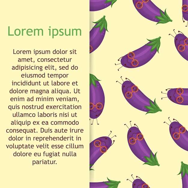 Cute cartoon style happy eggplant, aubergine character vector seamless pattern background.