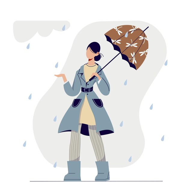 Vector cute cartoon stylish woman walking in the rain under umbrella.