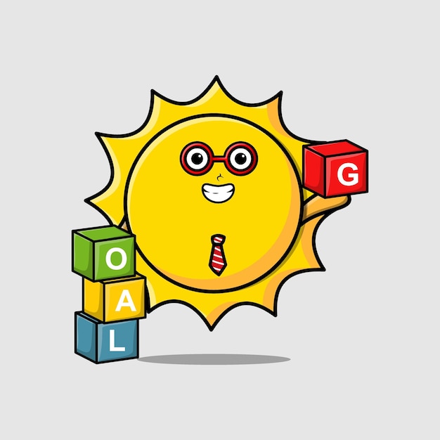 Cute cartoon sun businessman stacking goal box in 3d modern style design