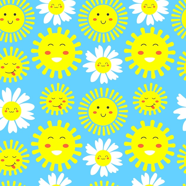 Cute cartoon sun and camomile flower character with kawaii face Simple doodle yellow mascot isolated on blue background Flat hand drawn illustration