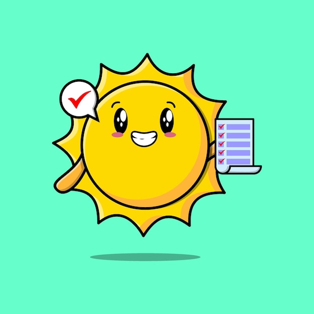 Cute cartoon sun character holding checklist note