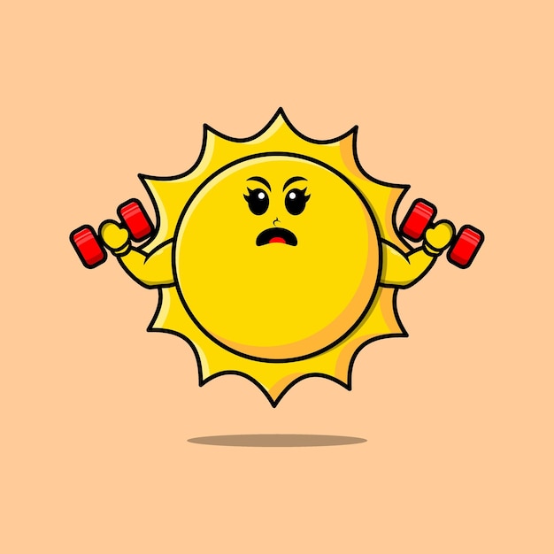 Cute cartoon sun character is fitness with barbell in modern style design