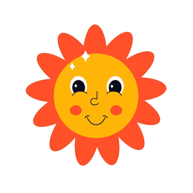 Cute cartoon sun character in retro and psychedelic style with eyes