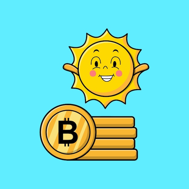 Cute cartoon sun character standing in stacked gold coin vector illustration in concept 3d cartoon