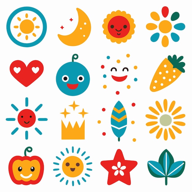 Vector cute cartoon sun moon star and heart icons set