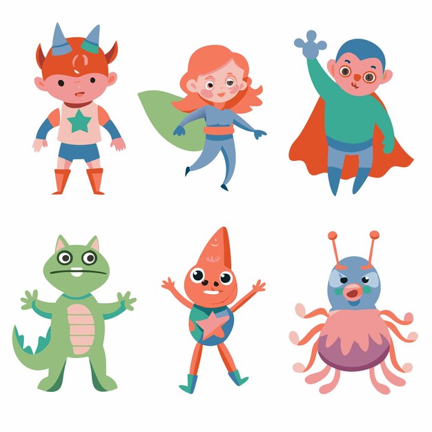 Vector cute cartoon superheroes and monsters a fun and colorful illustration