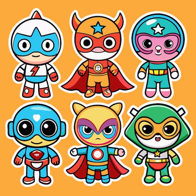 Vector cute cartoon superheros with different expressions in red blue green and yellow colors on orange background