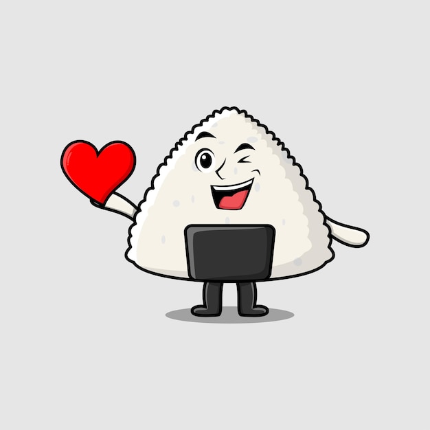 Cute cartoon sushi character holding big red heart in modern style design illustration