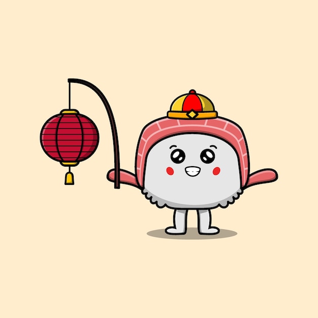 Cute cartoon sushi chinese character holding lantern in vector icon illustration