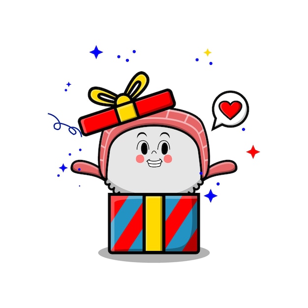 Cute cartoon sushi coming out from big gift box