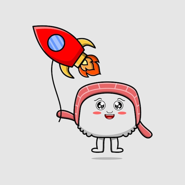 Cute cartoon sushi floating with rocket balloon