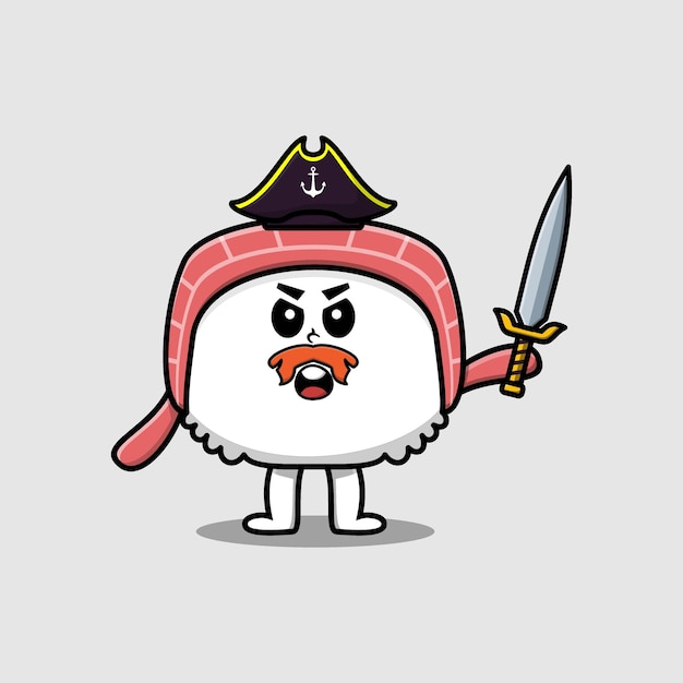 Cute cartoon sushi pirate with hat and hold sword