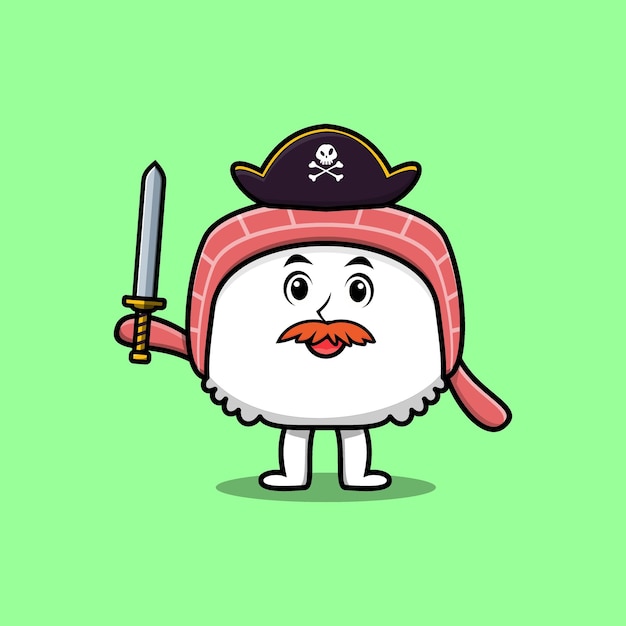 Cute cartoon sushi pirate with hat and hold sword