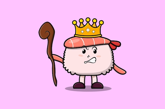 Cute cartoon Sushi shrimp mascot as wise king with golden crown and wooden stick illustration