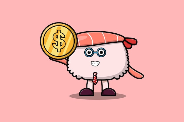 Cute cartoon Sushi shrimp successful businessman holding gold coin illustration