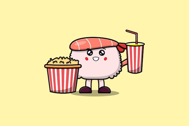 Cute cartoon Sushi shrimp with popcorn and drink ready to watching film in cinema