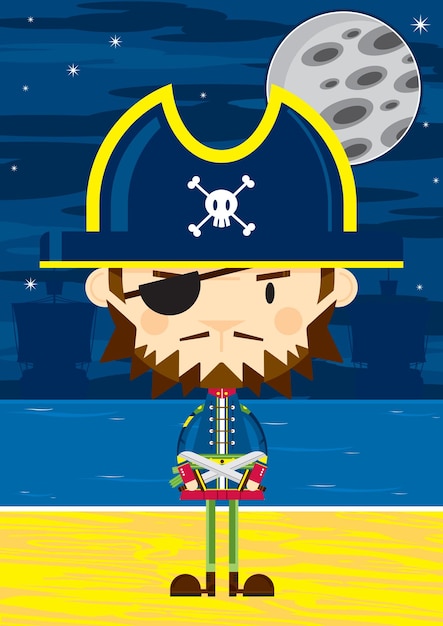 Cute Cartoon Swashbuckling Eyepatch Pirate Captain with Swords on the Beach by Moonlight