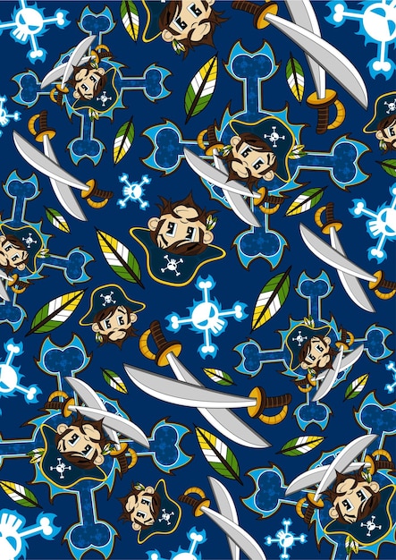 Cute Cartoon Swashbuckling Pirate Captain Character with Crossed Swords Pattern