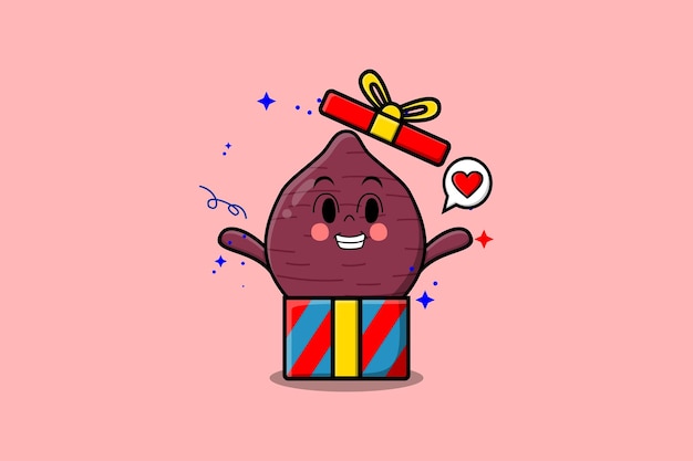 Cute cartoon Sweet potato character coming out from big gift box look so happy flat cartoon style