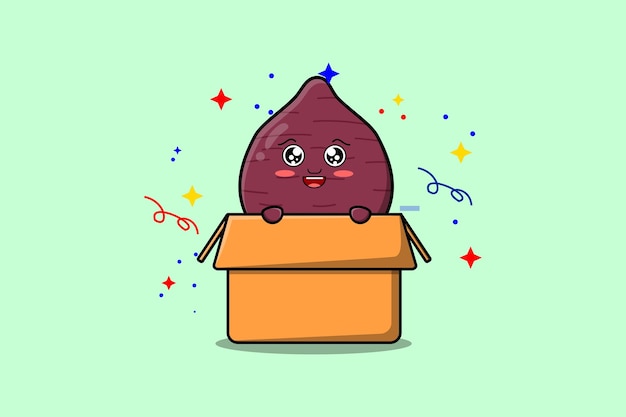 Cute cartoon Sweet potato character coming out from box flat style cartoon vector icon illustration