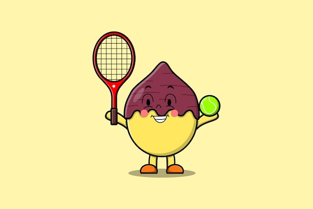 Cute cartoon Sweet potato character playing tennis field in flat cartoon style illustration