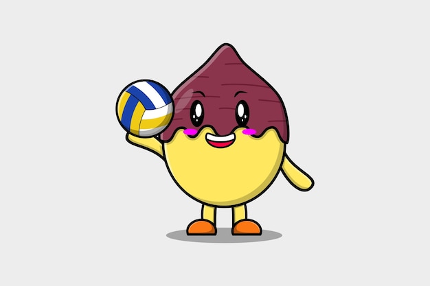 Cute cartoon Sweet potato character playing volleyball in flat cartoon style illustration