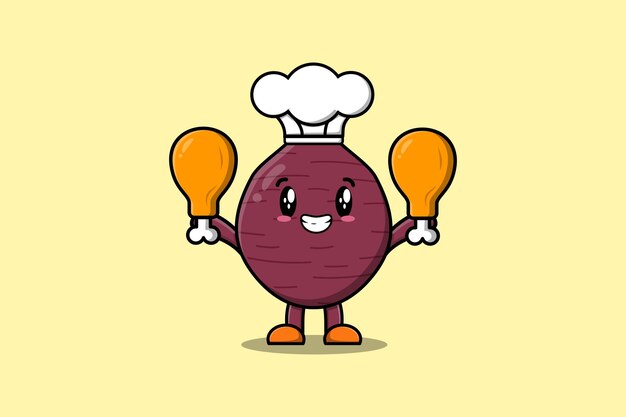 Cute cartoon Sweet potato chef character holding two chicken thighs flat cartoon style illustration