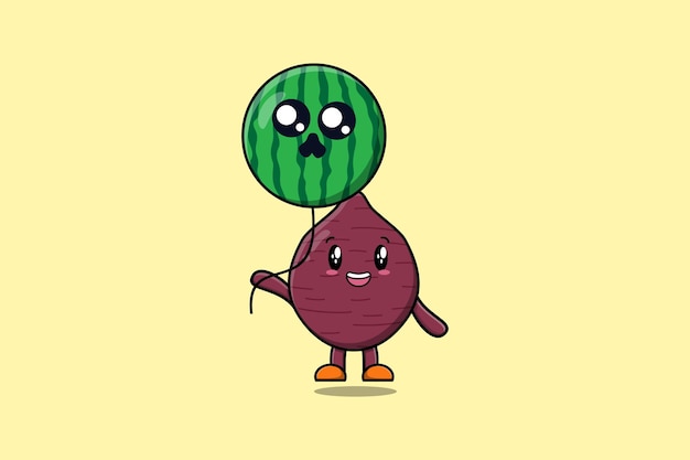 Cute cartoon Sweet potato floating with watermelon