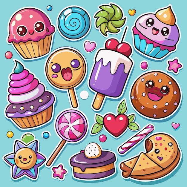 Vector cute cartoon sweets treats candy cake and donuts