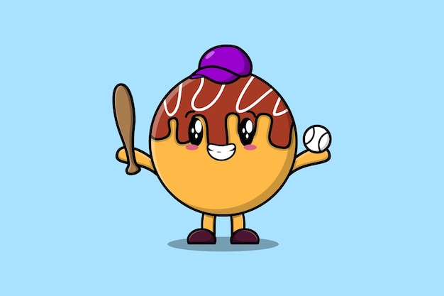 Cute cartoon Takoyaki character playing baseball in modern style design