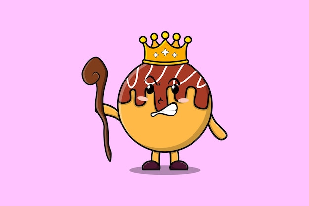 Cute cartoon Takoyaki mascot as wise king with golden crown and wooden stick illustration