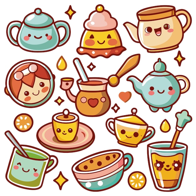 Vector cute cartoon teapots cups and mugs with happy faces and details