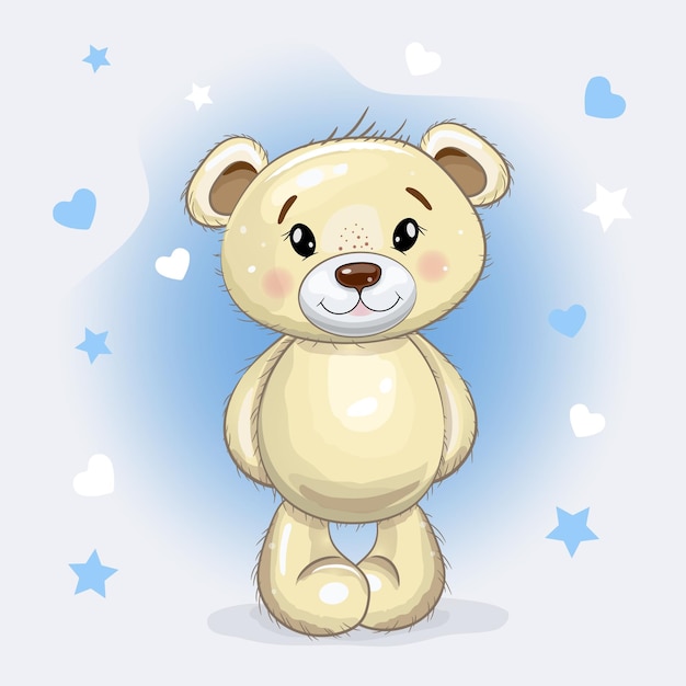 Cute Cartoon Teddy Bear isolated on a blue background with hearts and stars Vector illustration