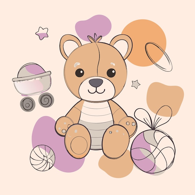 Vector cute cartoon teddy bear with a basket balls and stars on a pastel background