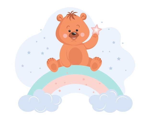 Cute cartoon teddy bear with a star on a rainbow with clouds Baby illustration greeting card