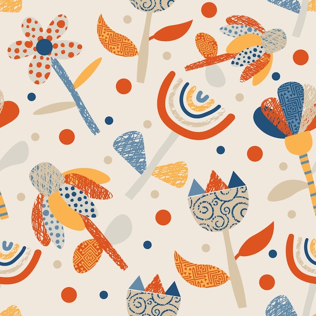 Cute cartoon textured flowers in flat style with dots seamless pattern. Floral childlike style