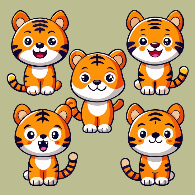 Vector cute cartoon tiger characters with different facial expressions in vector