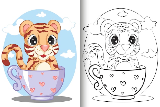 Cute Cartoon Tiger is sitting in a purple Cup. Coloring book for kids.