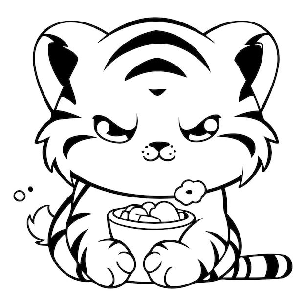 Cute cartoon tiger with a bowl of food Vector illustration