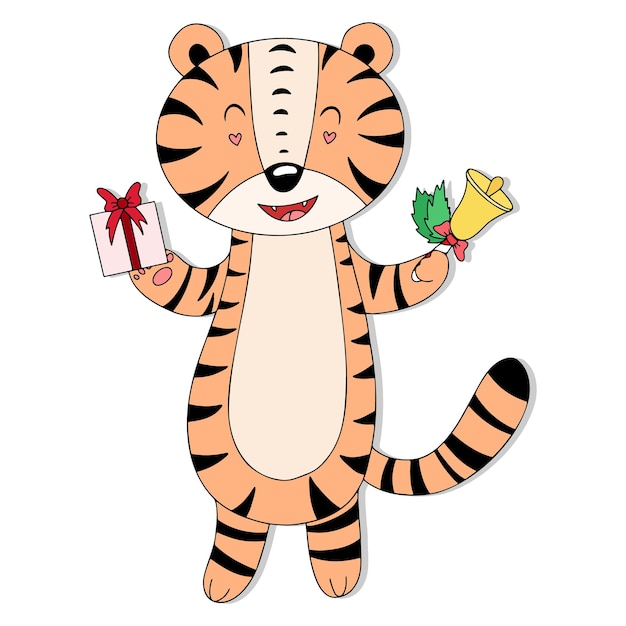 Cute cartoon tiger with Christmas elements, illustration for New Year, Christmas, vector